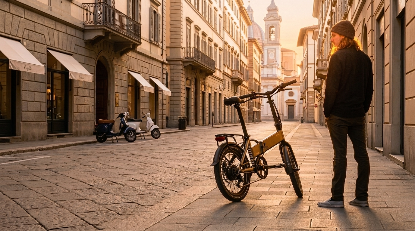 Person standing next to a folding Legend Monza eBike on a quiet Italian city street at sunset, illustrating local e-bike subsidies in Italy in 2026
